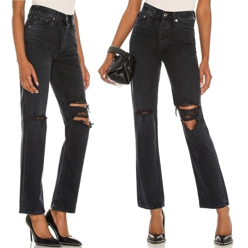 Agolde- Distressed Ripped Lana Straight Leg Jeans in Black Disorder Size 28